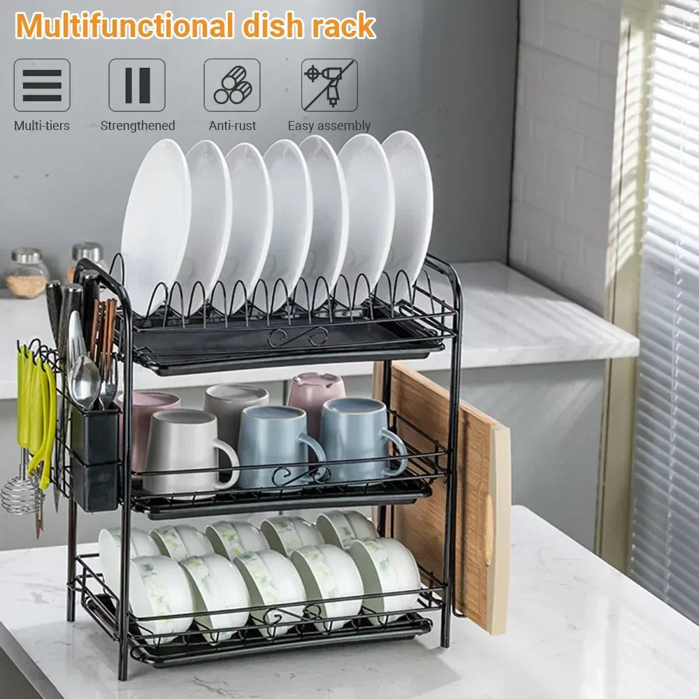 DecorBites™ 3-Tier Kitchen Drying Rack & Dish Organizer Shelf with Drain Board