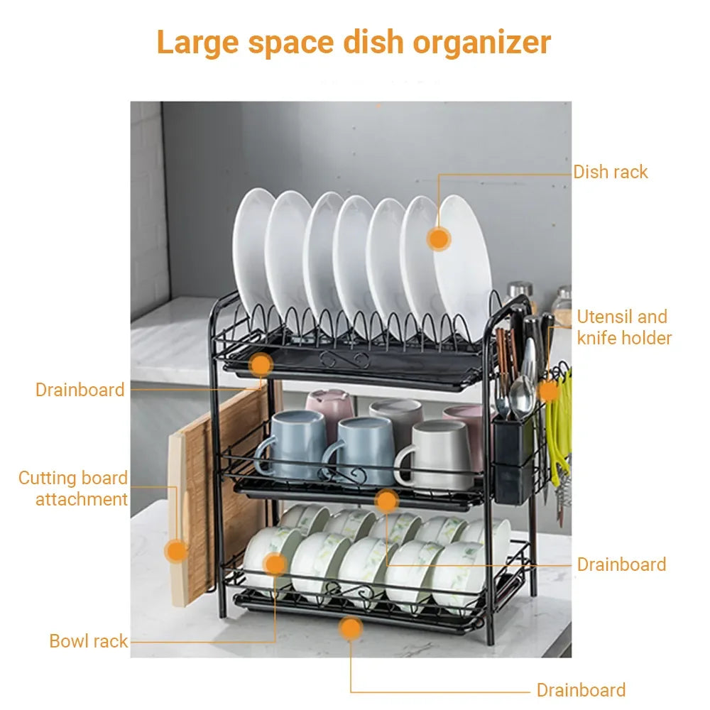 DecorBites™ 3-Tier Kitchen Drying Rack & Dish Organizer Shelf with Drain Board
